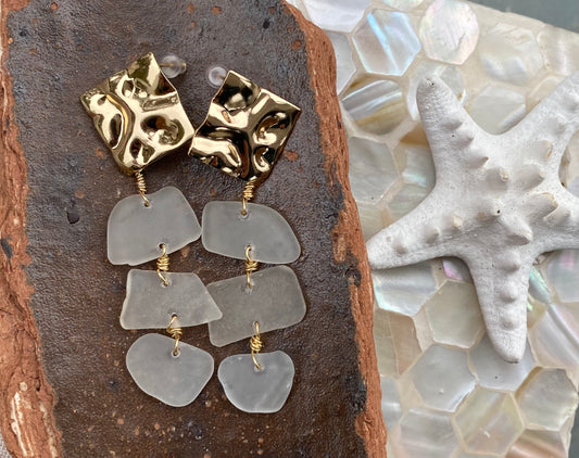 3 White Sea Glass  Diamond Drops